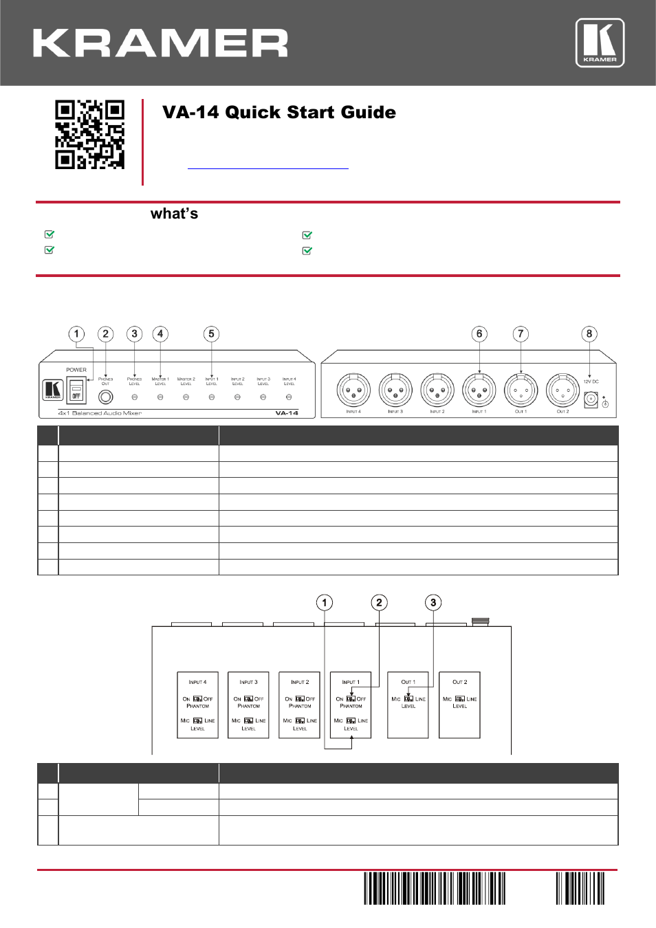 Kramer VA-14 4 x 2 Balanced Audio Mixer User Manual | 2 pages
