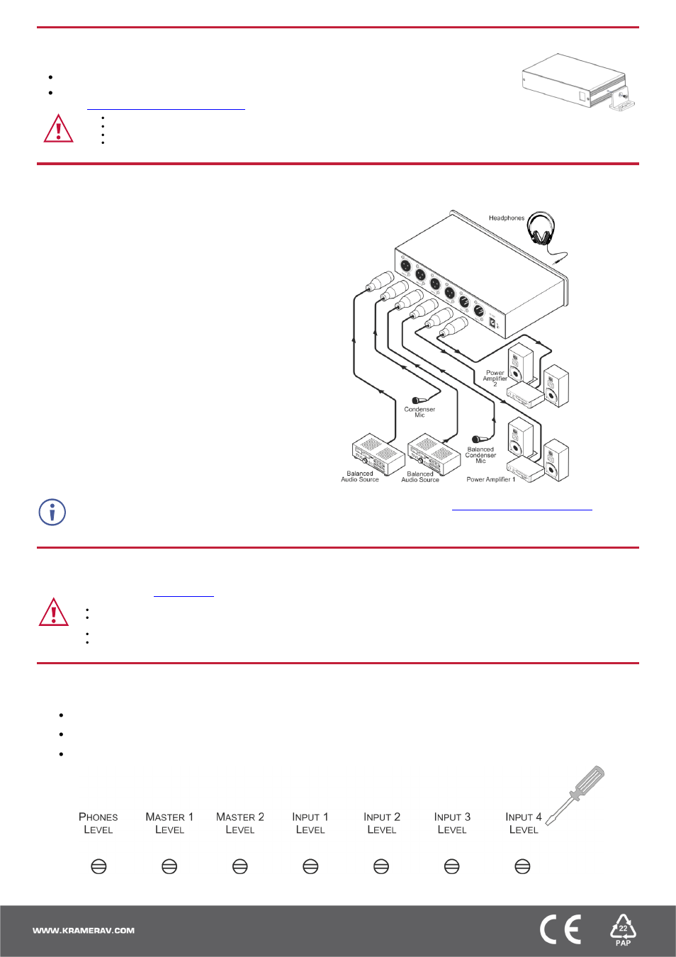 Step 3: mount va-14, Step 4: connect inputs and outputs, Step 5: connect power | Step 6: operate va-14 | Kramer VA-14 4 x 2 Balanced Audio Mixer User Manual | Page 2 / 2