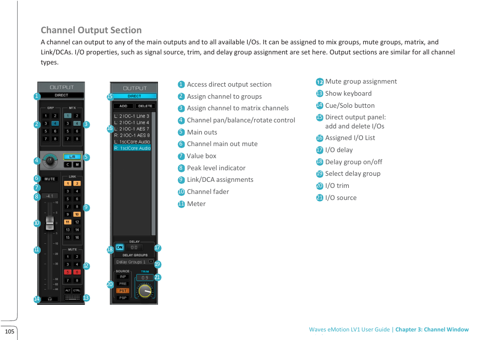 Lv1 preview 10.09 -p 109.pdf, Channel output section | Waves eMotion LV1 64-Channel Mixer with Axis One Custom Computer User Manual | Page 110 / 220