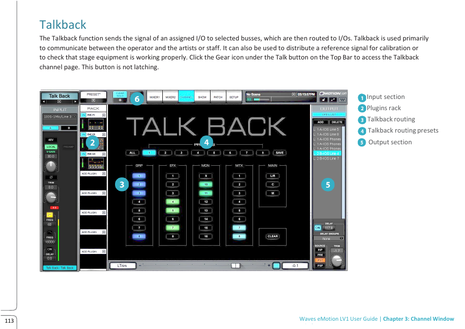 Talkback | Waves eMotion LV1 64-Channel Mixer with Axis One Custom Computer User Manual | Page 118 / 220