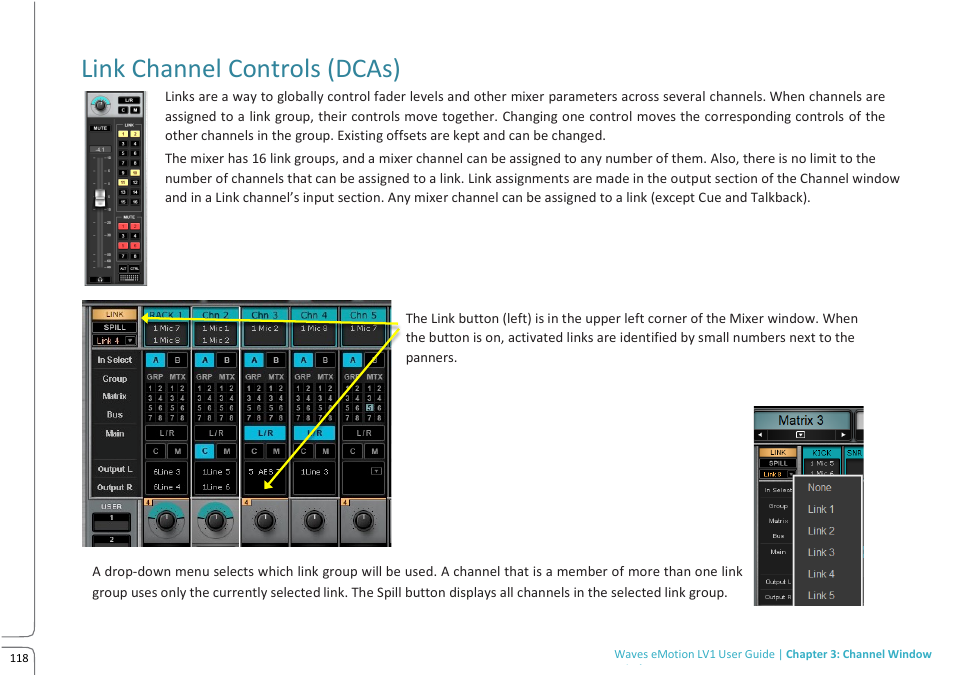 Link channel controls (dcas) | Waves eMotion LV1 64-Channel Mixer with Axis One Custom Computer User Manual | Page 123 / 220