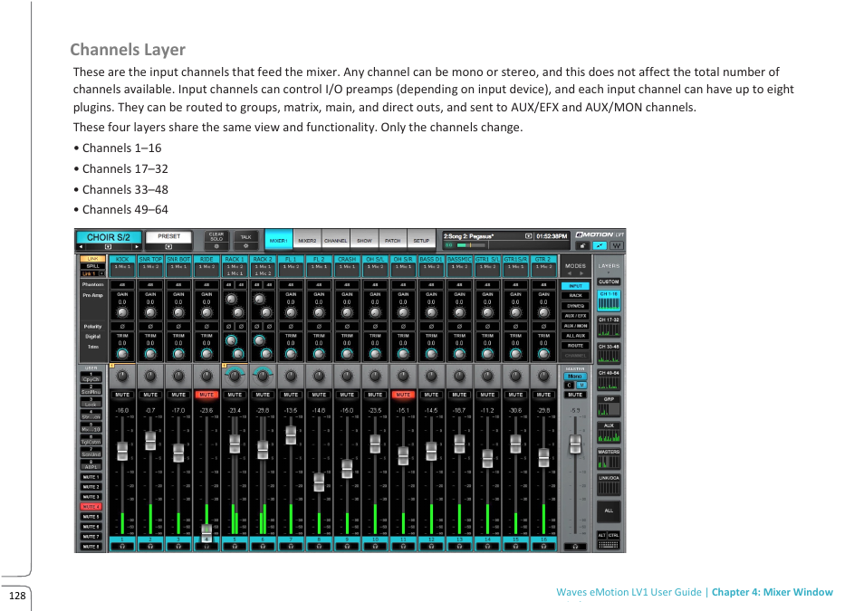 Channels layer | Waves eMotion LV1 64-Channel Mixer with Axis One Custom Computer User Manual | Page 133 / 220