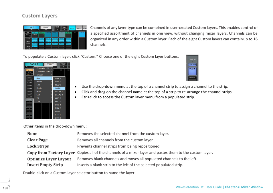 Custom layers | Waves eMotion LV1 64-Channel Mixer with Axis One Custom Computer User Manual | Page 143 / 220
