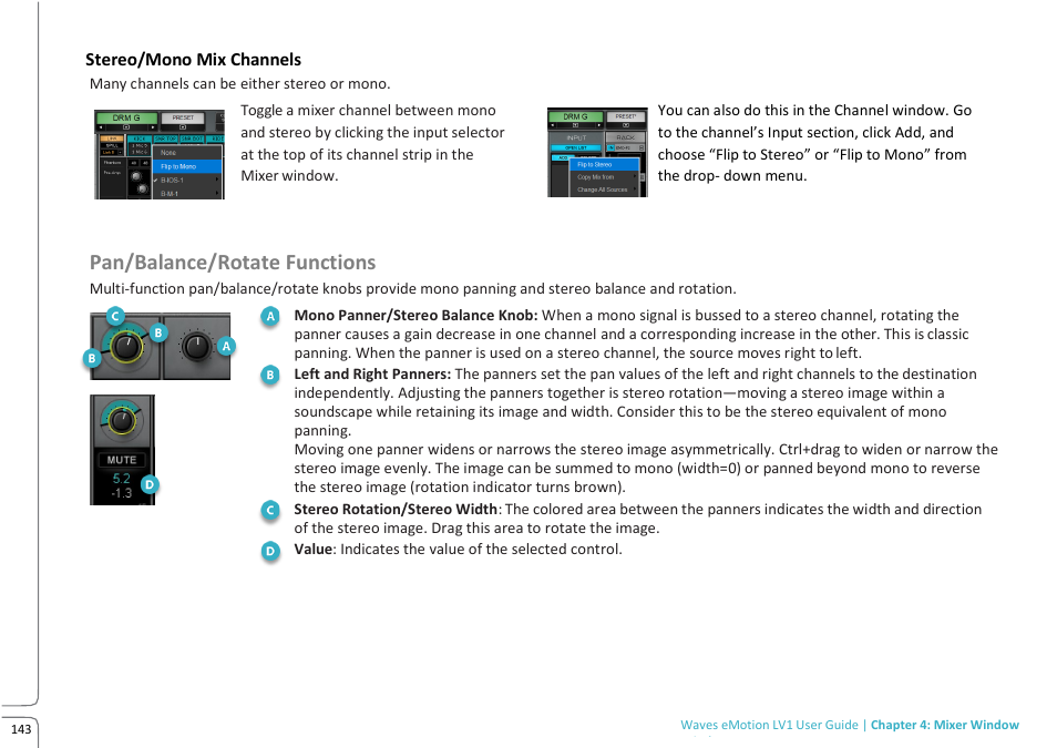 Lv1 prev 10.09 -p 143b.pdf, Pan/balance/rotate functions | Waves eMotion LV1 64-Channel Mixer with Axis One Custom Computer User Manual | Page 148 / 220