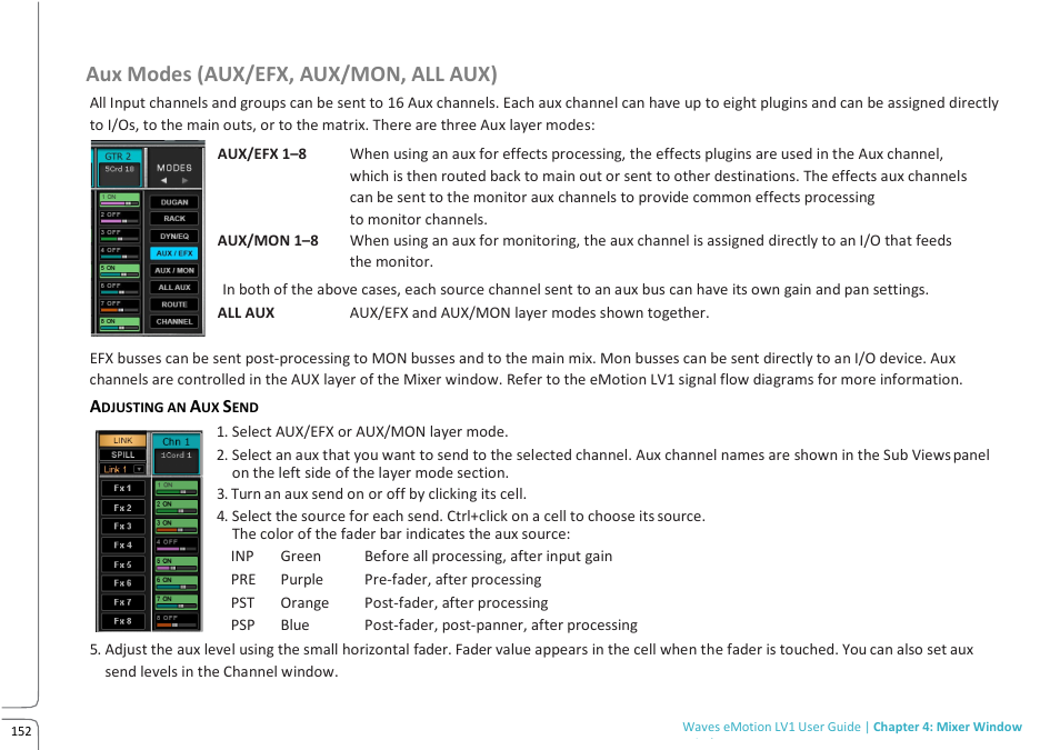 Aux modes (aux/efx, aux/mon, all aux) | Waves eMotion LV1 64-Channel Mixer with Axis One Custom Computer User Manual | Page 157 / 220