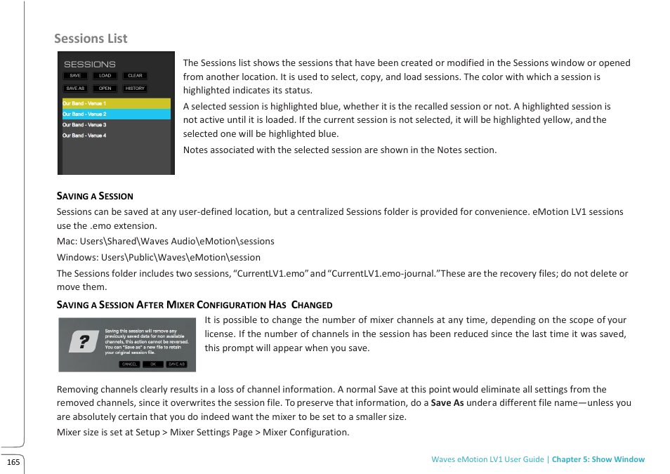 Sessions list | Waves eMotion LV1 64-Channel Mixer with Axis One Custom Computer User Manual | Page 170 / 220