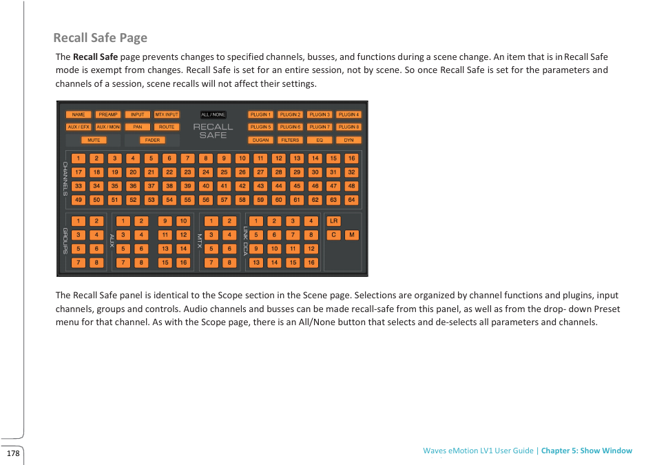 Lv1 main build preview 10.09j, Recall safe page | Waves eMotion LV1 64-Channel Mixer with Axis One Custom Computer User Manual | Page 183 / 220