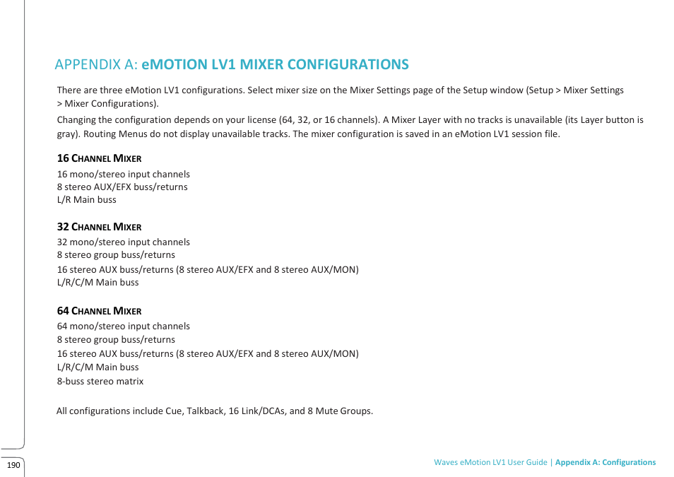 Appendix a: emotion lv1 mixer configurations, Appendix a: emotion l v1 mixe r c onfigurations | Waves eMotion LV1 64-Channel Mixer with Axis One Custom Computer User Manual | Page 195 / 220