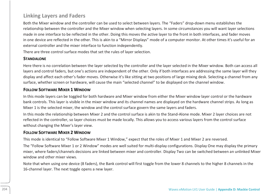 Linking layers and faders | Waves eMotion LV1 64-Channel Mixer with Axis One Custom Computer User Manual | Page 209 / 220