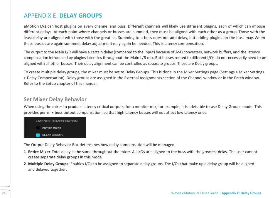 Appendix e: delay groups, Set mixer delay behavior | Waves eMotion LV1 64-Channel Mixer with Axis One Custom Computer User Manual | Page 215 / 220