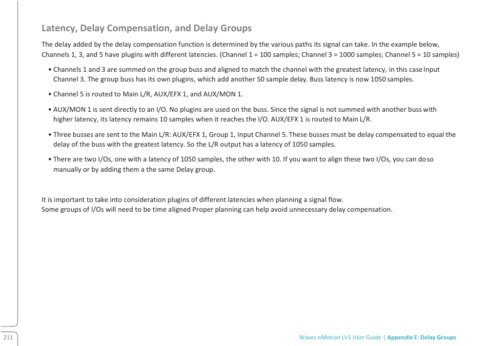 Latency, delay compensation, and delay groups | Waves eMotion LV1 64-Channel Mixer with Axis One Custom Computer User Manual | Page 216 / 220