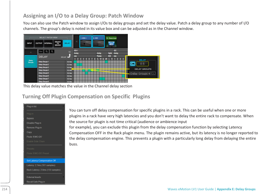Assigning an i/o to a delay group: patch window | Waves eMotion LV1 64-Channel Mixer with Axis One Custom Computer User Manual | Page 219 / 220