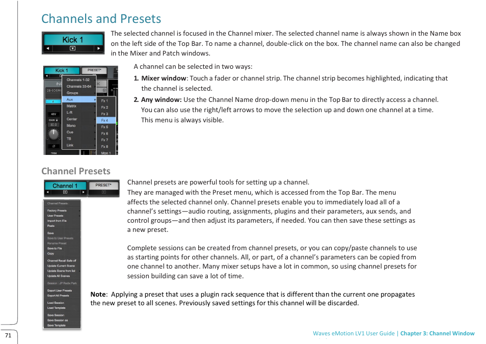 Channels and presets, Channel presets | Waves eMotion LV1 64-Channel Mixer with Axis One Custom Computer User Manual | Page 76 / 220