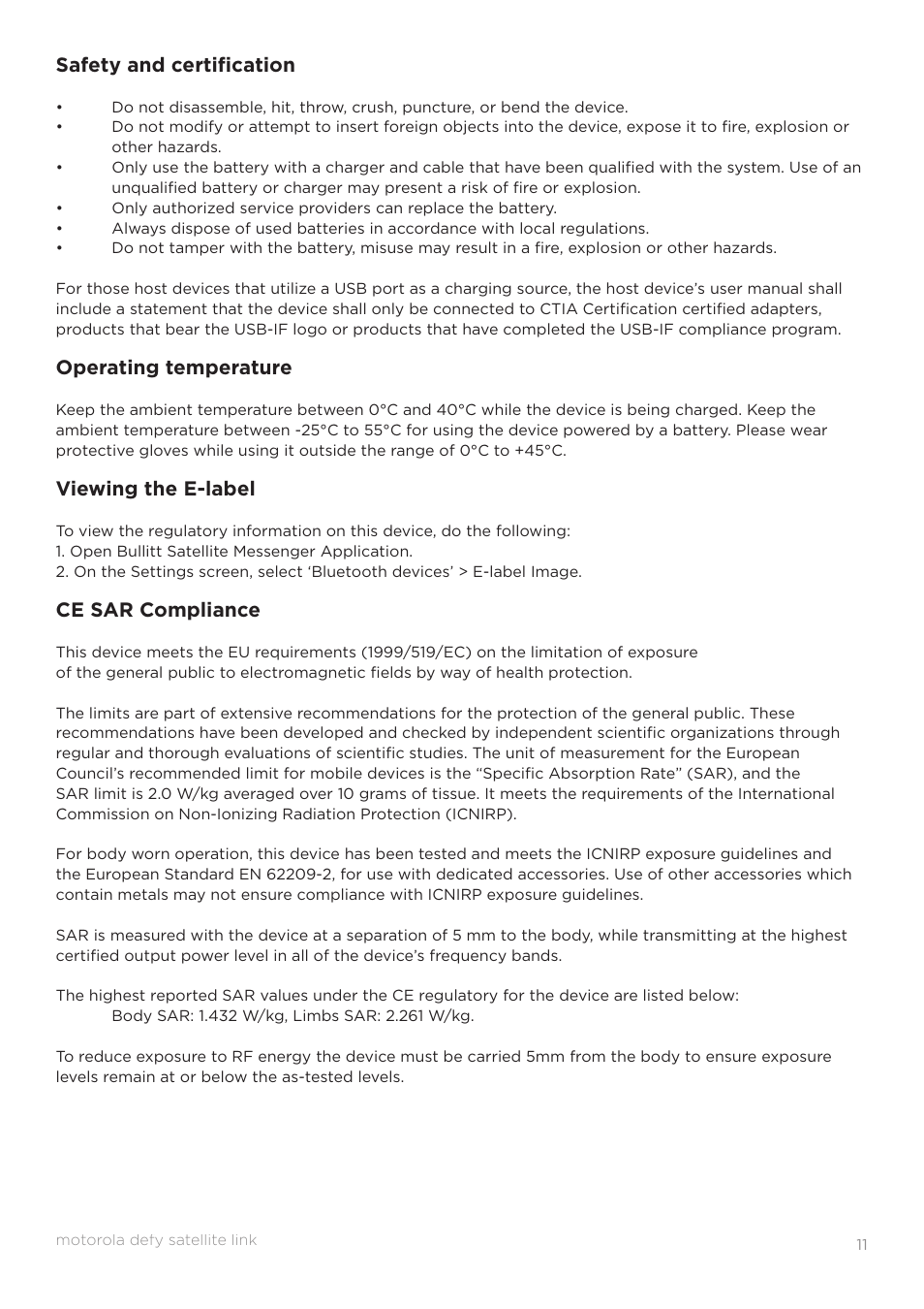 Safety and certifi cation, Operating temperature, Viewing the e-label | Ce sar compliance | Motorola Defy Satellite Link User Manual | Page 11 / 16