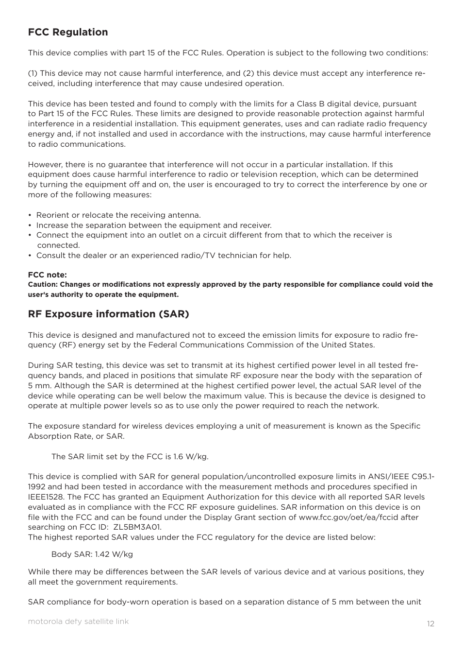 Fcc regulation, Rf exposure information (sar) | Motorola Defy Satellite Link User Manual | Page 12 / 16