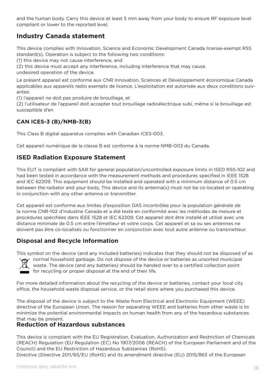 Industry canada statement | Motorola Defy Satellite Link User Manual | Page 13 / 16