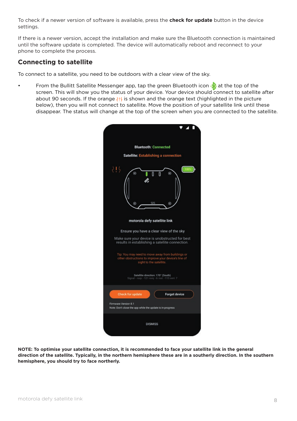 Connecting to satellite | Motorola Defy Satellite Link User Manual | Page 8 / 16