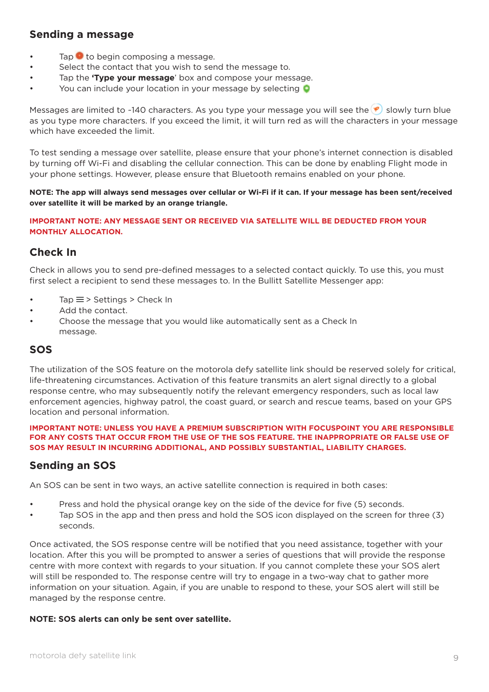 Sending a message, Check in, Sending an sos | Motorola Defy Satellite Link User Manual | Page 9 / 16