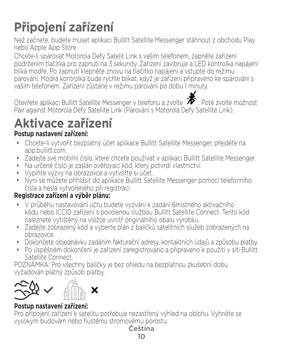 Připojení zařízení, Aktivace zařízení | Motorola Defy Satellite Link User Manual | Page 10 / 134