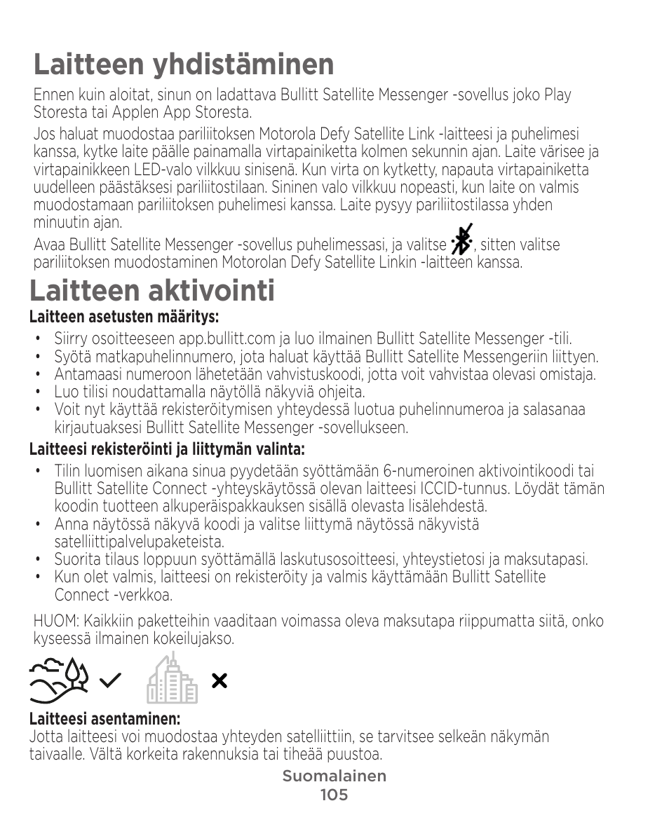 Laitteen yhdistäminen, Laitteen aktivointi | Motorola Defy Satellite Link User Manual | Page 105 / 134