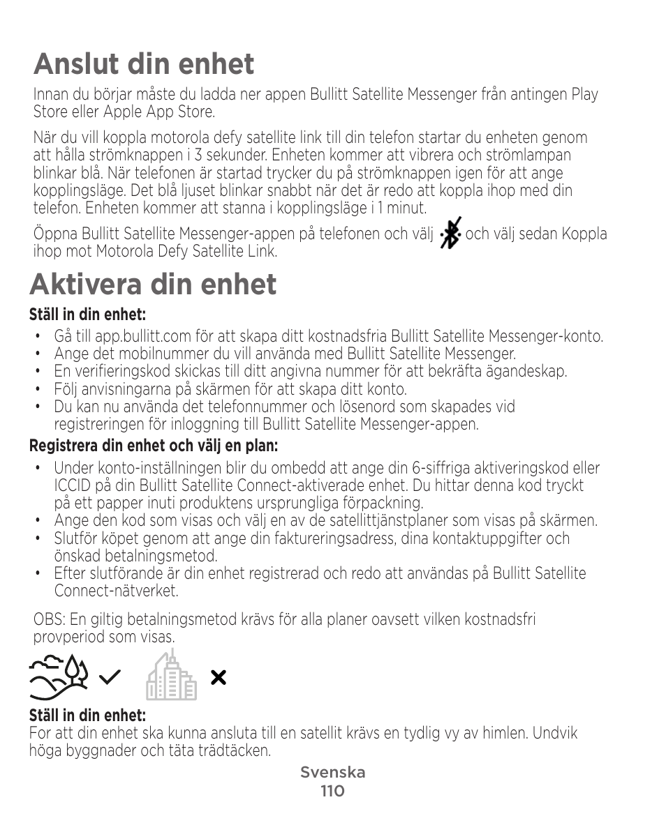 Anslut din enhet, Aktivera din enhet | Motorola Defy Satellite Link User Manual | Page 110 / 134