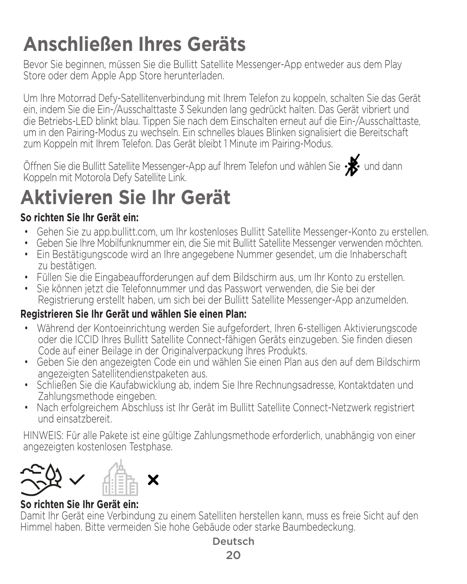 Anschließen ihres geräts, Aktivieren sie ihr gerät | Motorola Defy Satellite Link User Manual | Page 20 / 134