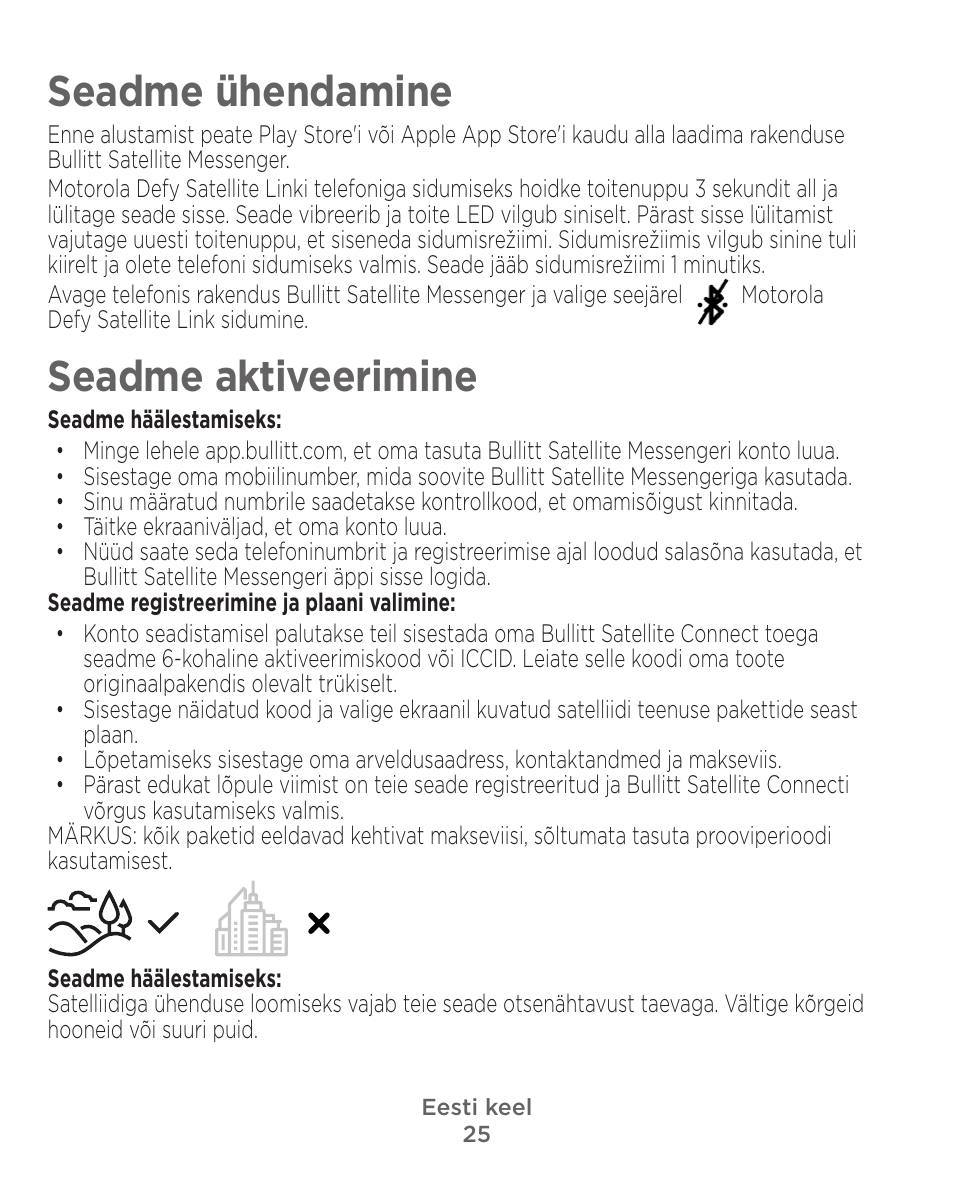 Seadme ühendamine, Seadme aktiveerimine | Motorola Defy Satellite Link User Manual | Page 25 / 134