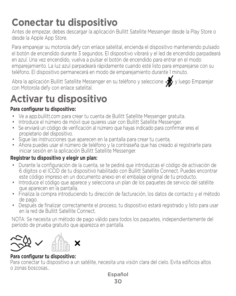 Conectar tu dispositivo, Activar tu dispositivo | Motorola Defy Satellite Link User Manual | Page 30 / 134