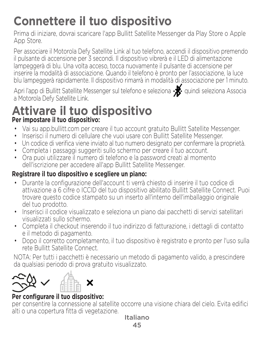 Connettere il tuo dispositivo, Attivare il tuo dispositivo | Motorola Defy Satellite Link User Manual | Page 45 / 134