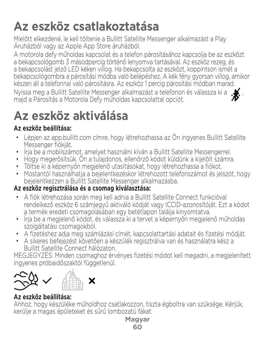 Az eszköz csatlakoztatása, Az eszköz aktiválása | Motorola Defy Satellite Link User Manual | Page 60 / 134