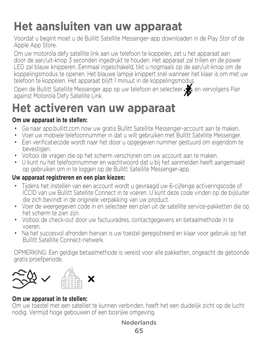 Het aansluiten van uw apparaat, Het activeren van uw apparaat | Motorola Defy Satellite Link User Manual | Page 65 / 134