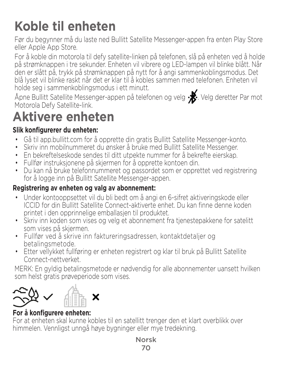 Koble til enheten, Aktivere enheten | Motorola Defy Satellite Link User Manual | Page 70 / 134