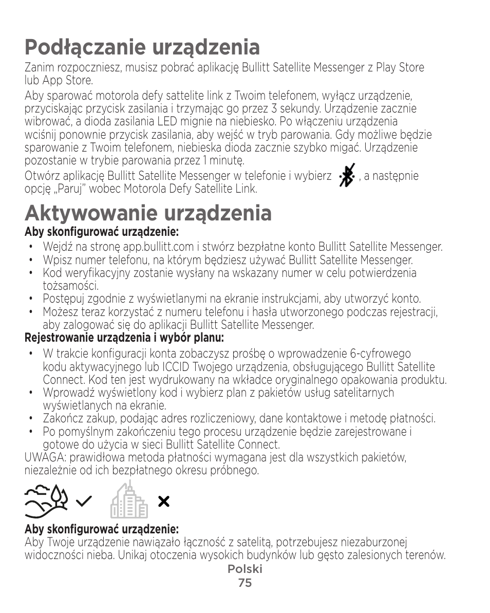 Podłączanie urządzenia, Aktywowanie urządzenia | Motorola Defy Satellite Link User Manual | Page 75 / 134