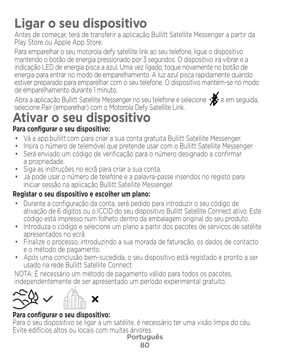 Ligar o seu dispositivo, Ativar o seu dispositivo | Motorola Defy Satellite Link User Manual | Page 80 / 134