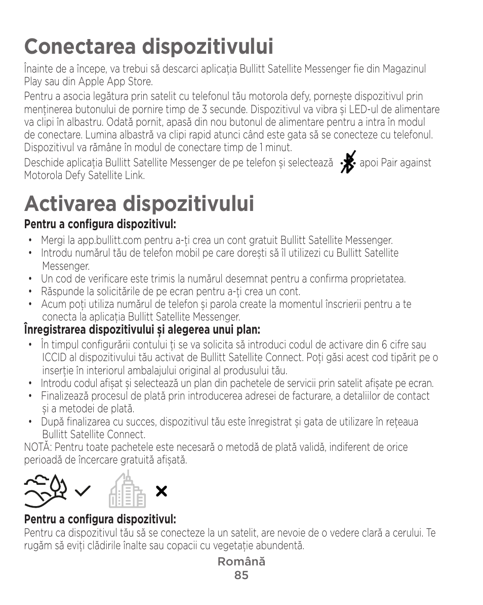 Conectarea dispozitivului, Activarea dispozitivului | Motorola Defy Satellite Link User Manual | Page 85 / 134