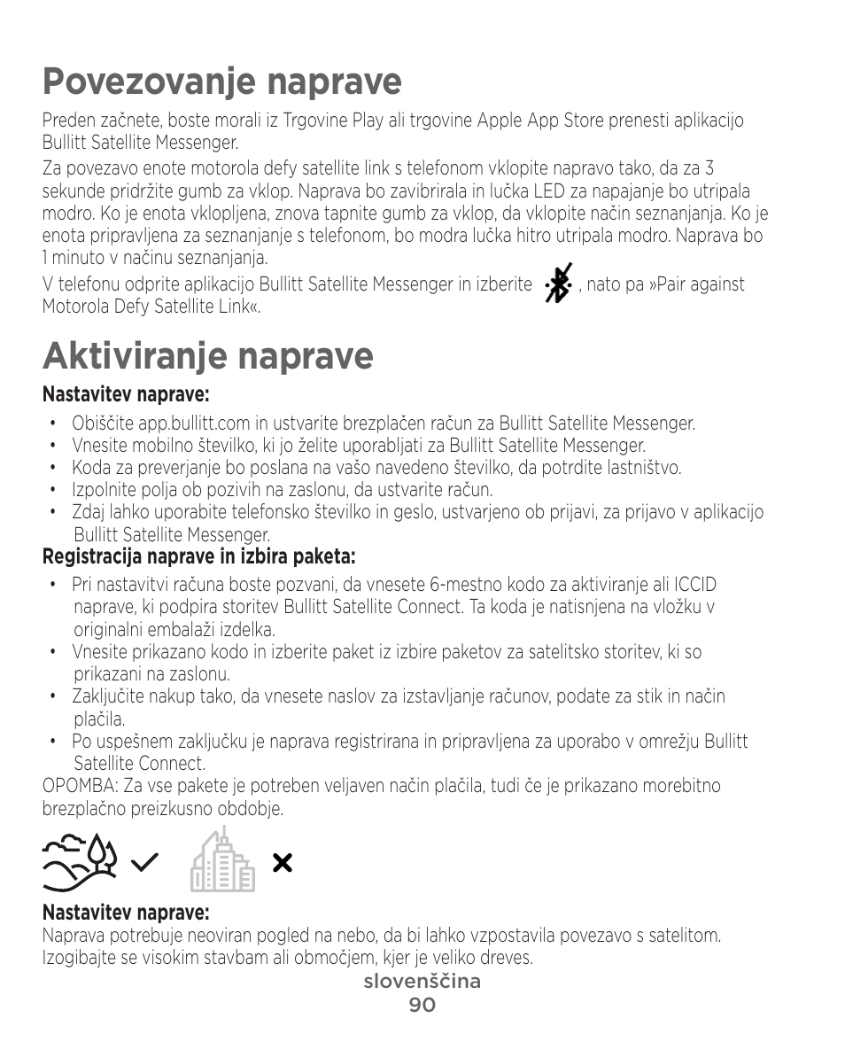 Povezovanje naprave, Aktiviranje naprave | Motorola Defy Satellite Link User Manual | Page 90 / 134