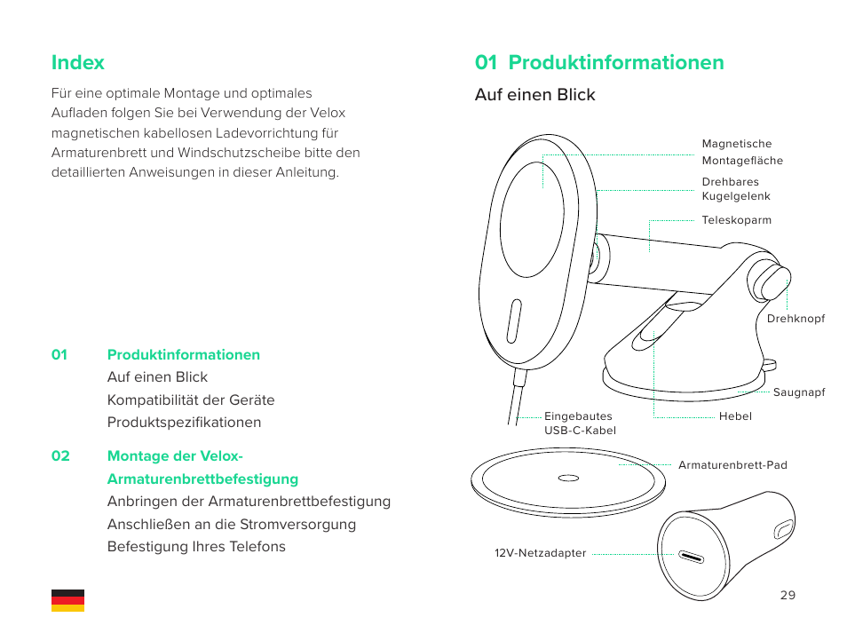 Index, 01 produktinformationen, Auf einen blick | iOttie Velox Magnetic Wireless Charging Dash and Windshield Mount User Manual | Page 15 / 25