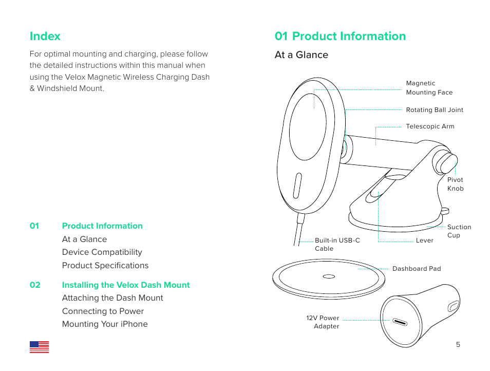 Index, 01 product information, At a glance | iOttie Velox Magnetic Wireless Charging Dash and Windshield Mount User Manual | Page 3 / 25
