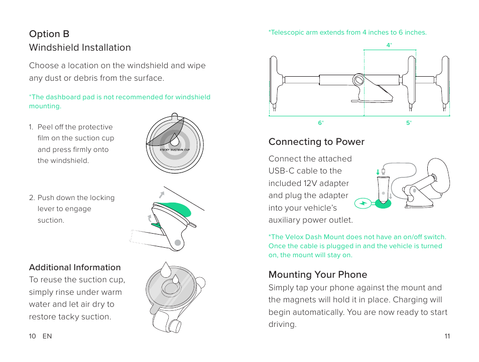 Option b, Windshield installation, Connecting to power | Mounting your phone | iOttie Velox Magnetic Wireless Charging Dash and Windshield Mount User Manual | Page 6 / 25