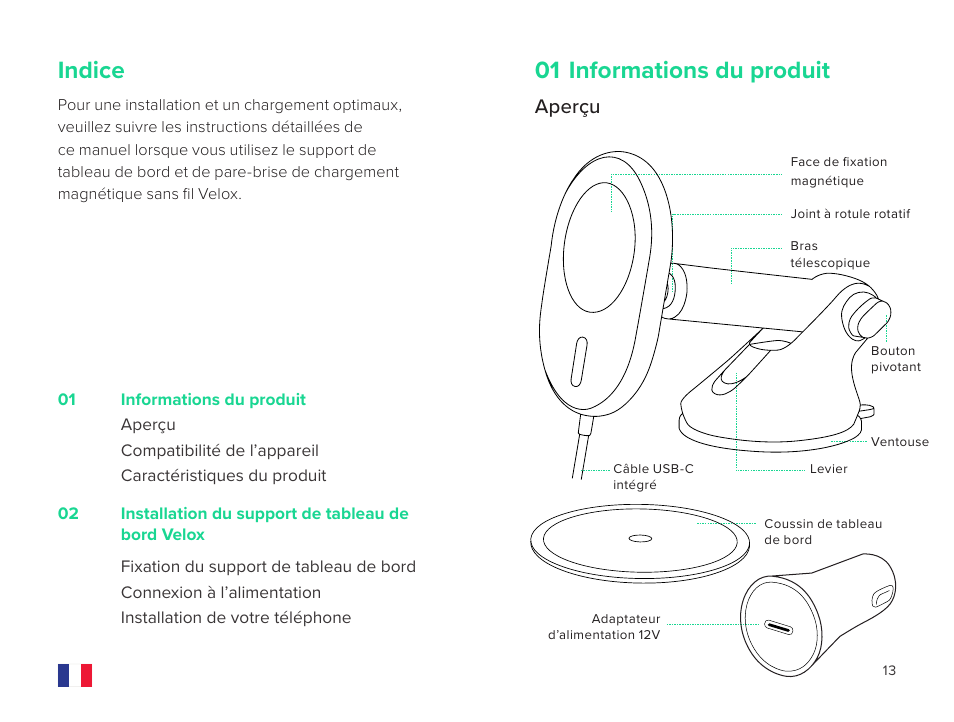 Indice, 01 informations du produit, Aperçu | iOttie Velox Magnetic Wireless Charging Dash and Windshield Mount User Manual | Page 7 / 25