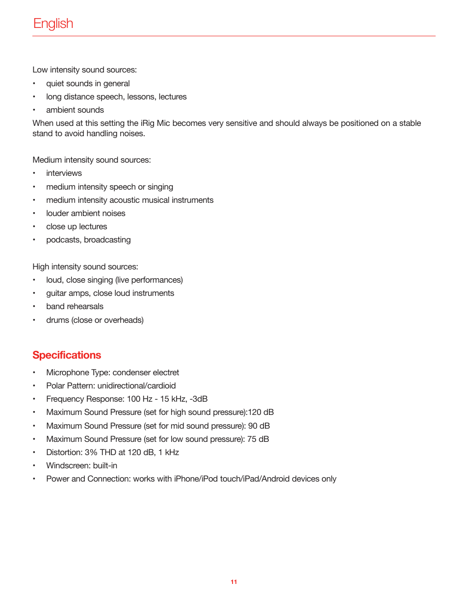 Specifications, English | IK Multimedia iRig Mic User Manual | Page 11 / 61