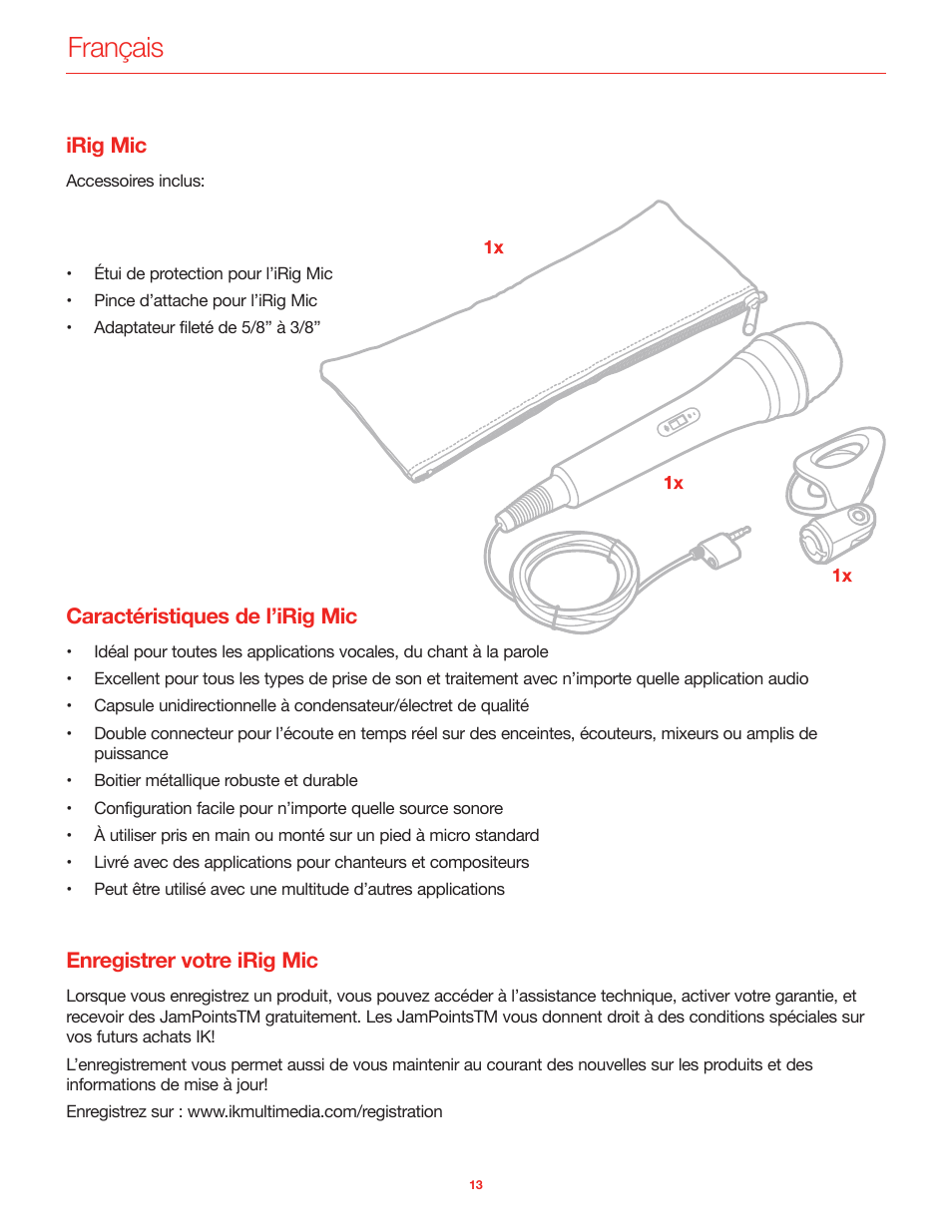 Français, Irig mic, Caractéristiques de l’irig mic | Enregistrer votre irig mic | IK Multimedia iRig Mic User Manual | Page 13 / 61