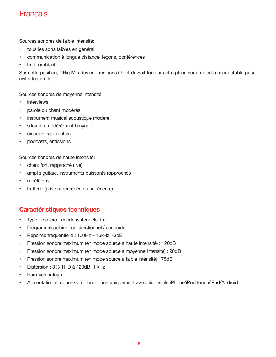 Caractéristiques techniques, Français | IK Multimedia iRig Mic User Manual | Page 19 / 61