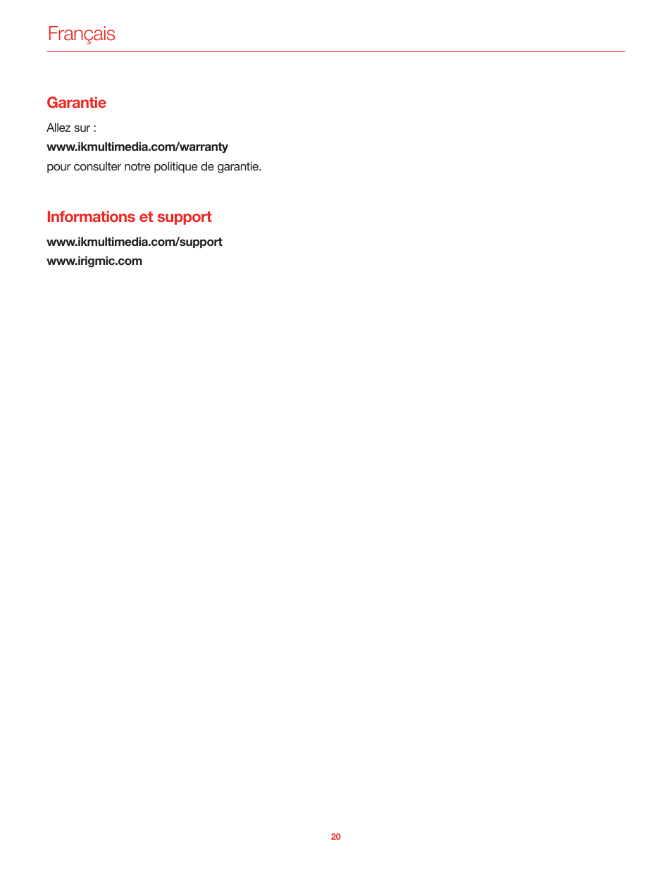 Garantie, Informations et support, Français | IK Multimedia iRig Mic User Manual | Page 20 / 61