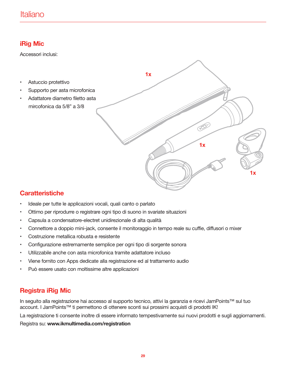 Italiano, Irig mic, Caratteristiche | Registra irig mic | IK Multimedia iRig Mic User Manual | Page 29 / 61