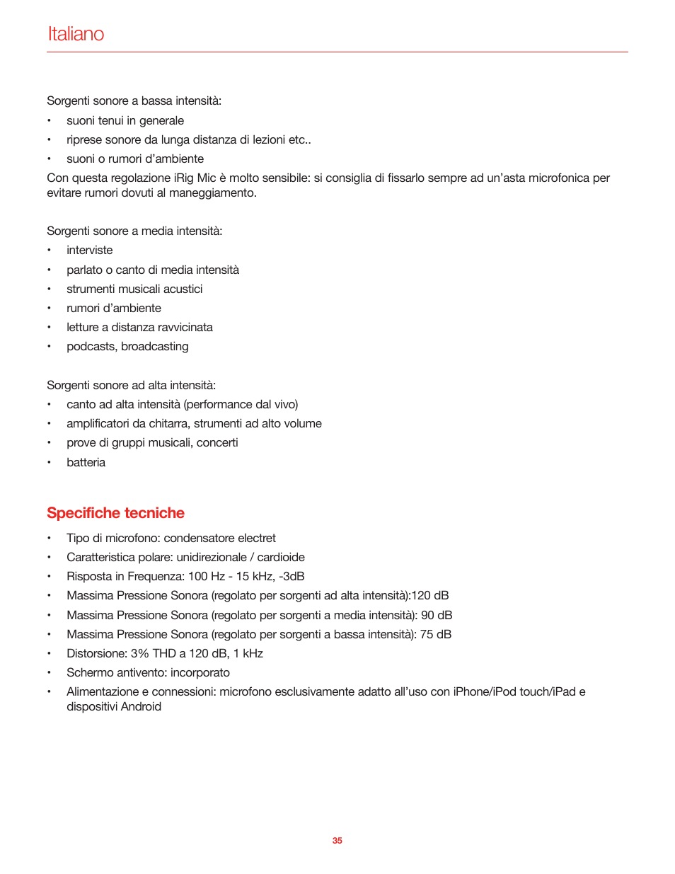 Specifiche tecniche, Italiano | IK Multimedia iRig Mic User Manual | Page 35 / 61