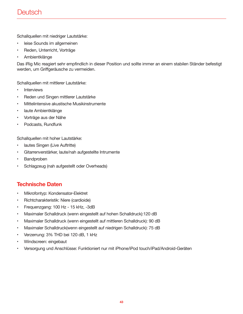 Technische daten, Deutsch | IK Multimedia iRig Mic User Manual | Page 43 / 61