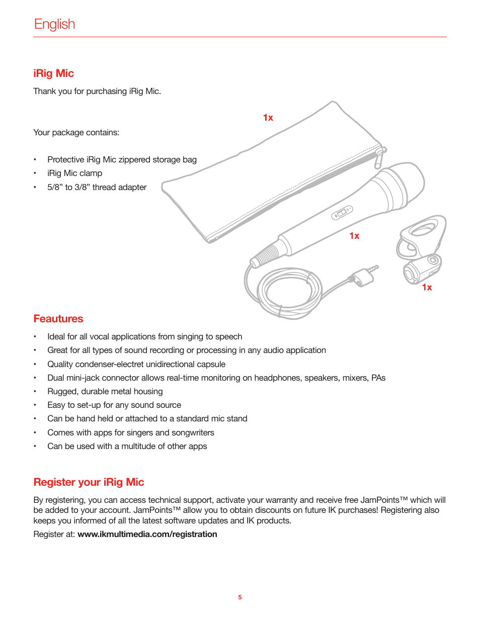 English, Irig mic, Feautures | Register your irig mic | IK Multimedia iRig Mic User Manual | Page 5 / 61