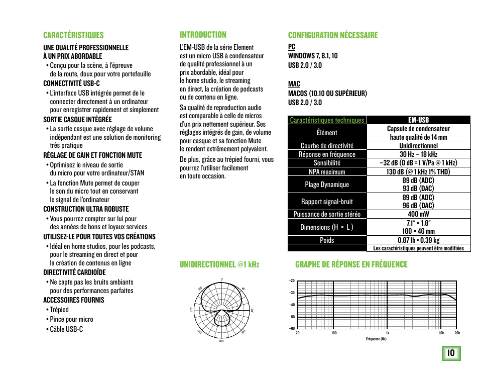 10 introduction, Caractéristiques | MACKIE EM-USB EleMent Series USB Condenser Microphone User Manual | Page 10 / 16