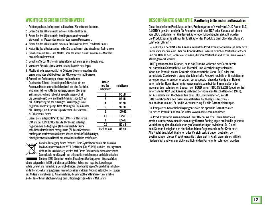 12 wichtige sicherheitshinweise, Beschränkte garantie | MACKIE EM-USB EleMent Series USB Condenser Microphone User Manual | Page 12 / 16